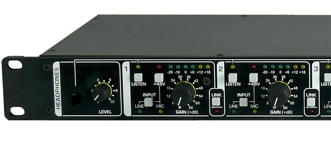 The front panel of the 4X4R showing the headphone, channel one and channel two sections