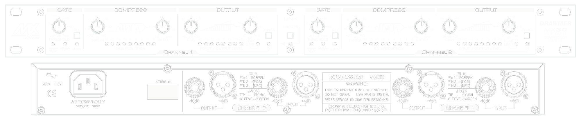A line drawing of the front and rear panels of the MX30Pro showing controls and connectors