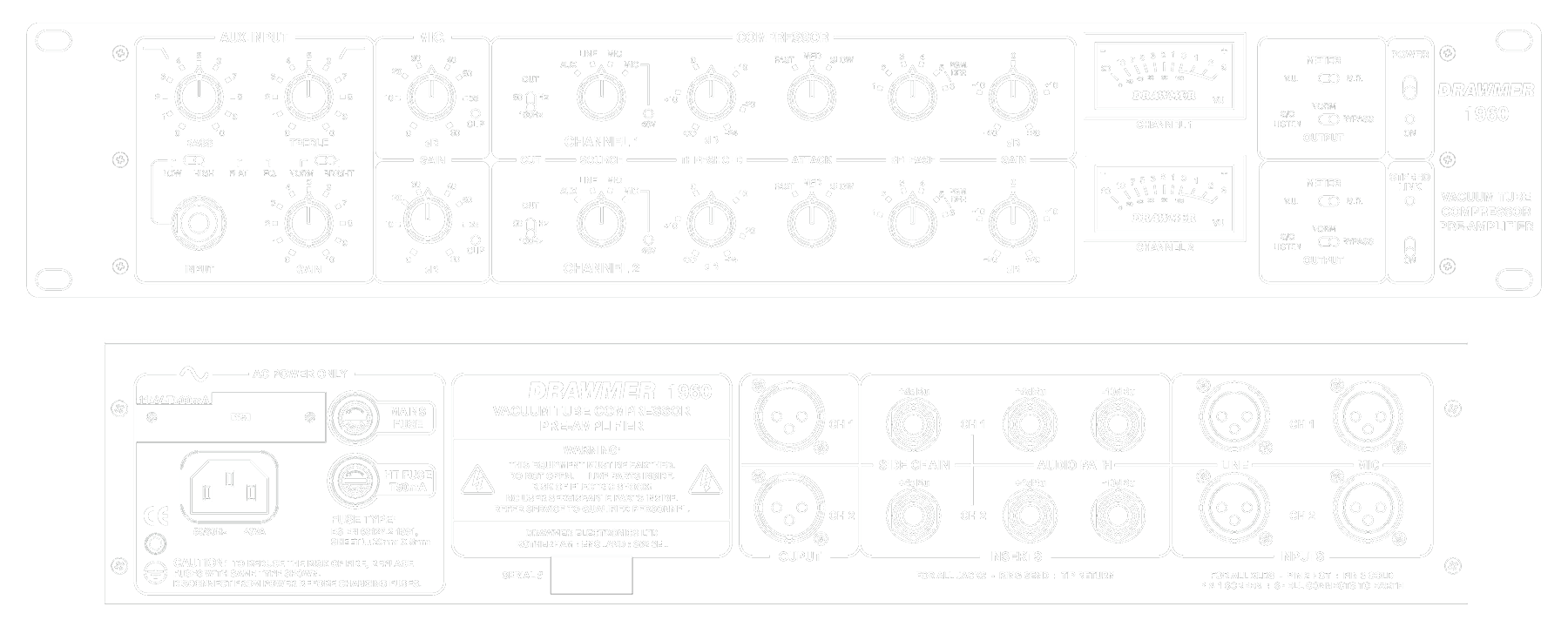 A line drawing of the front and rear panels of the 1960 showing controls and connectors