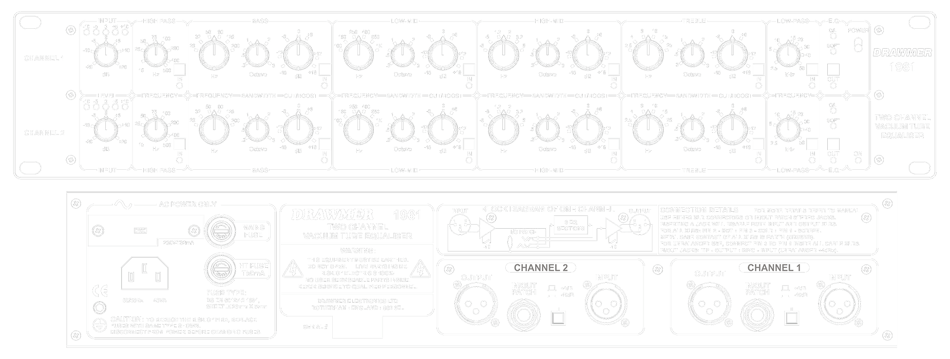 A line drawing of the front and rear panels of the 1961 showing controls and connectors