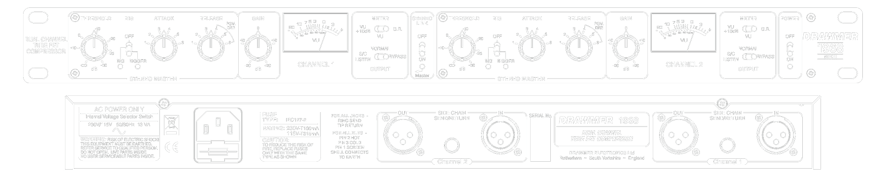 A line drawing of the front and rear panels of the 1968 showing controls and connectors