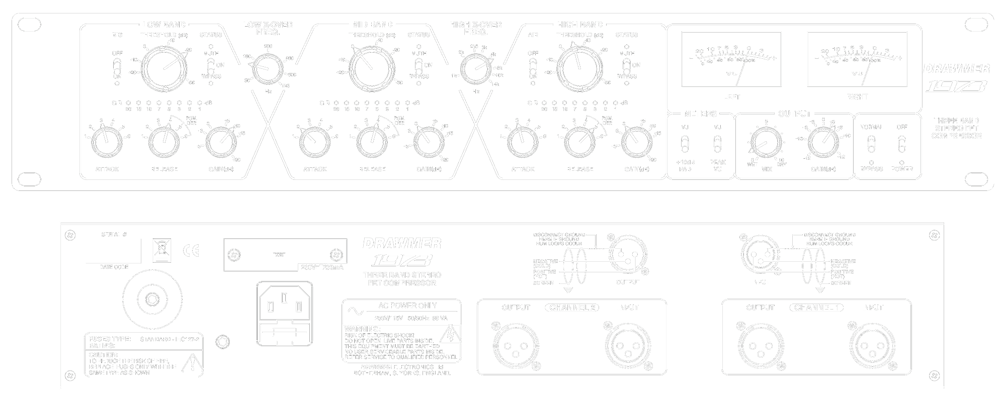 A line drawing of the front and rear panels of the 1973 showing controls and connectors
