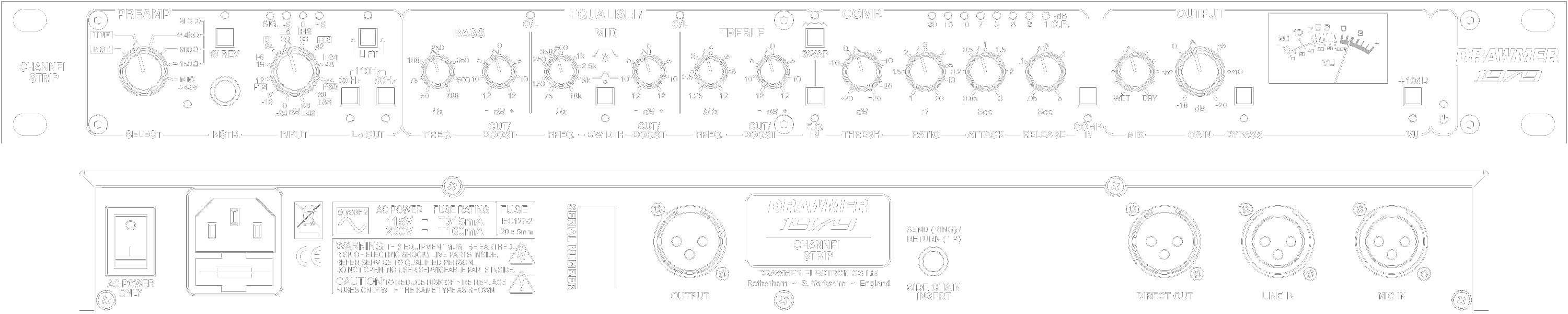 A line drawing of the front and rear panels of the 1977 showing controls and connectors