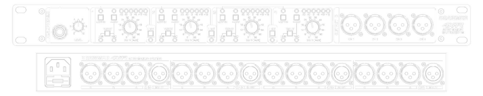 A line drawing of the front and rear panels of the 4X4R showing controls and connectors