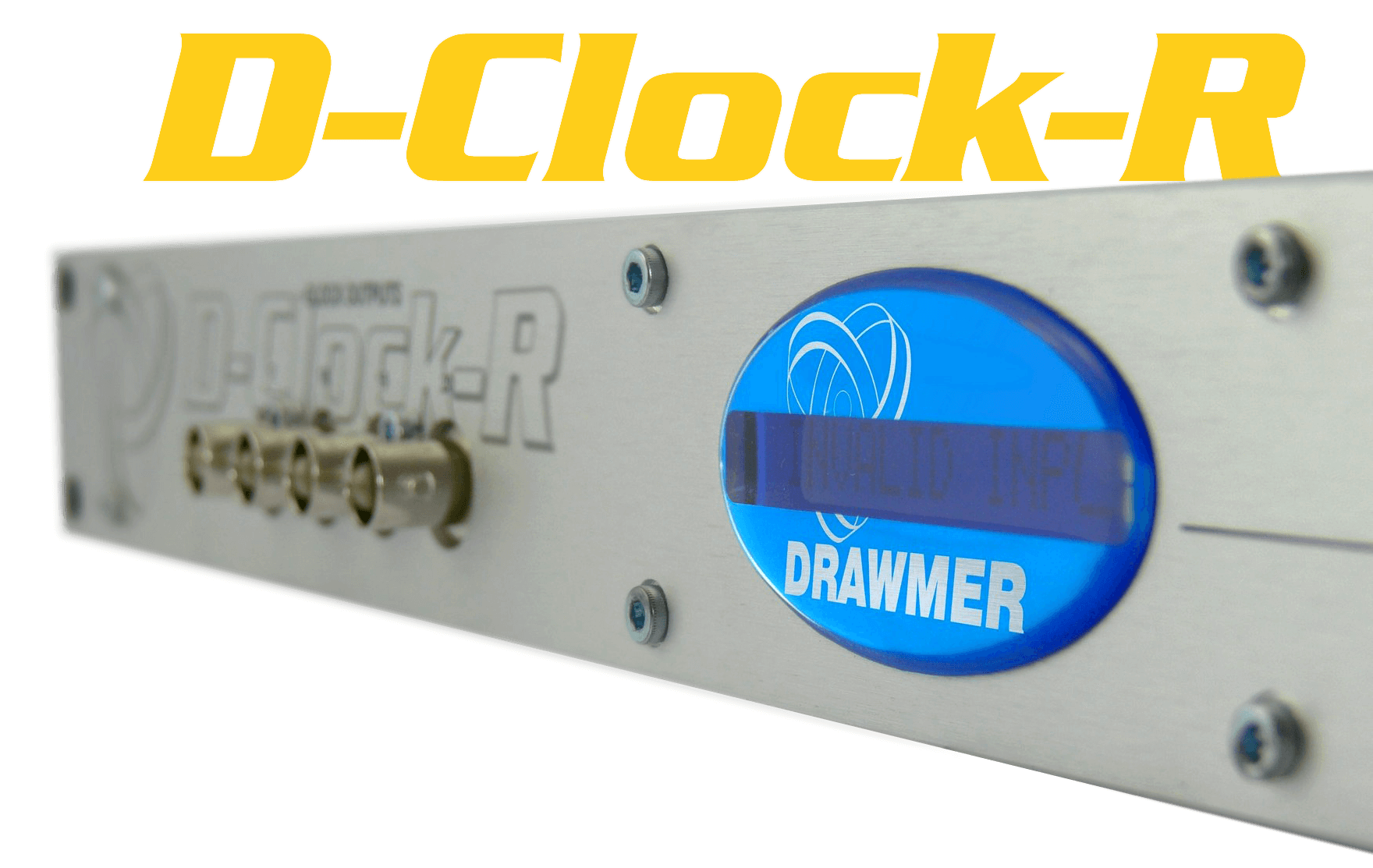 Close up of the DClock-R front panel display with the logo above in yellow