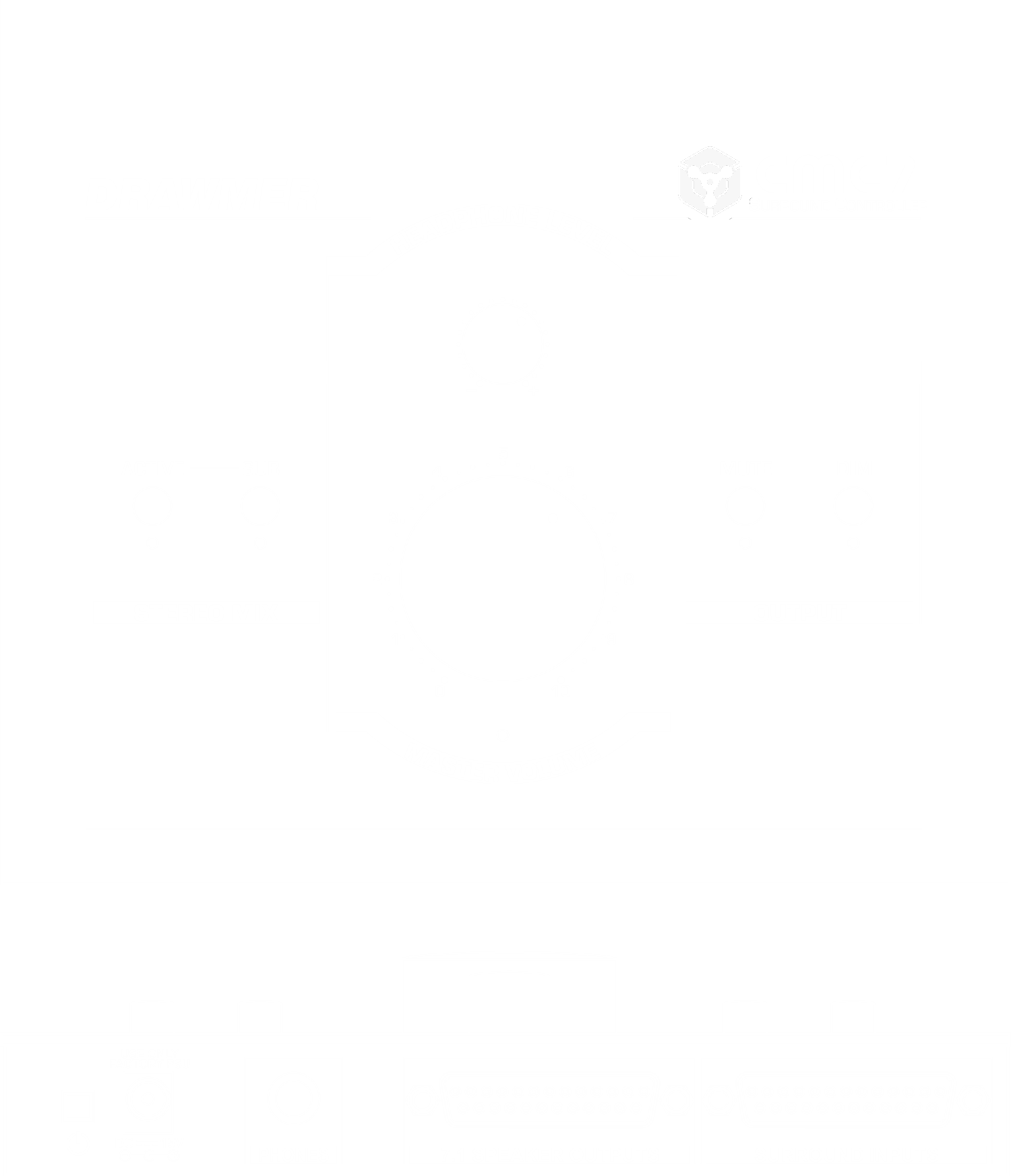 A line drawing of the front and rear panels of the CMC7 showing controls and connectors