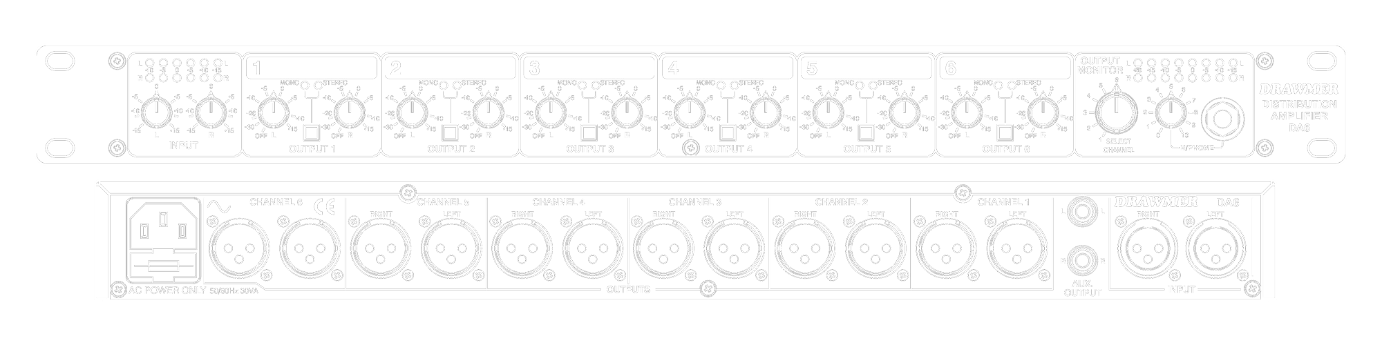 A line drawing of the front and rear panels of the DA6 showing controls and connectors