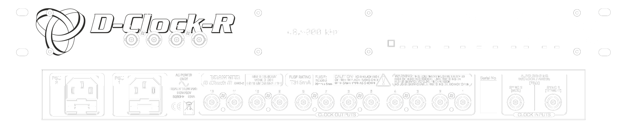 A line drawing of the front and rear panels of the D-Clock-R showing controls and connectors