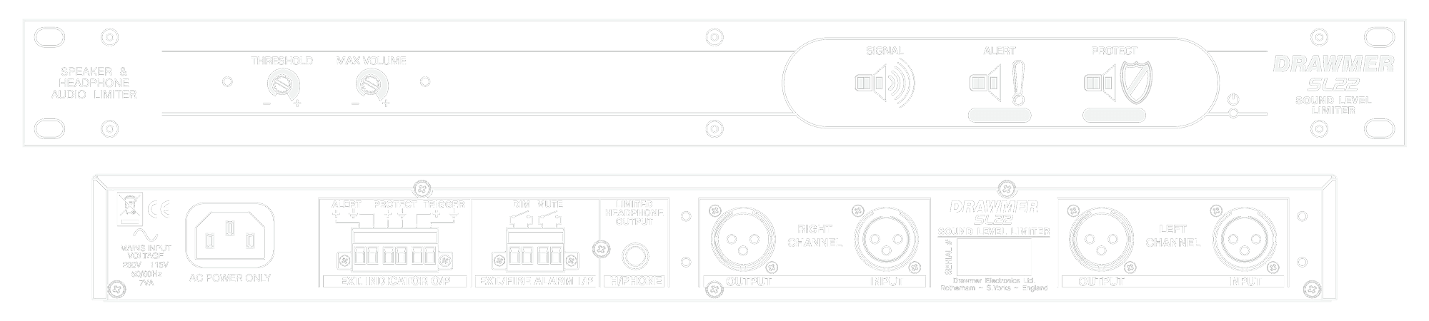 A line drawing of the front and rear panels of the SL22 showing controls and connectors