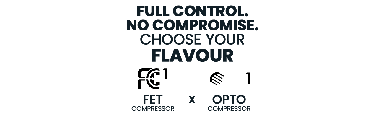 Promotional graphic reading 'Full Control. No Compromise. Choose Your Flavour.' comparing the FC1 FET Compressor and OC1 Opto Compressor.